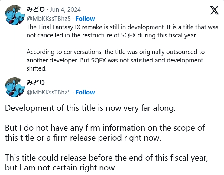 Theo chia sẻ của Midori trên Twitter vào ngày 4 tháng 6, dự án Final Fantasy 9 Remake tuy đang được tiếp tục phát triển nhưng đã gặp phải một số khó khăn trong giai đoạn trước.

